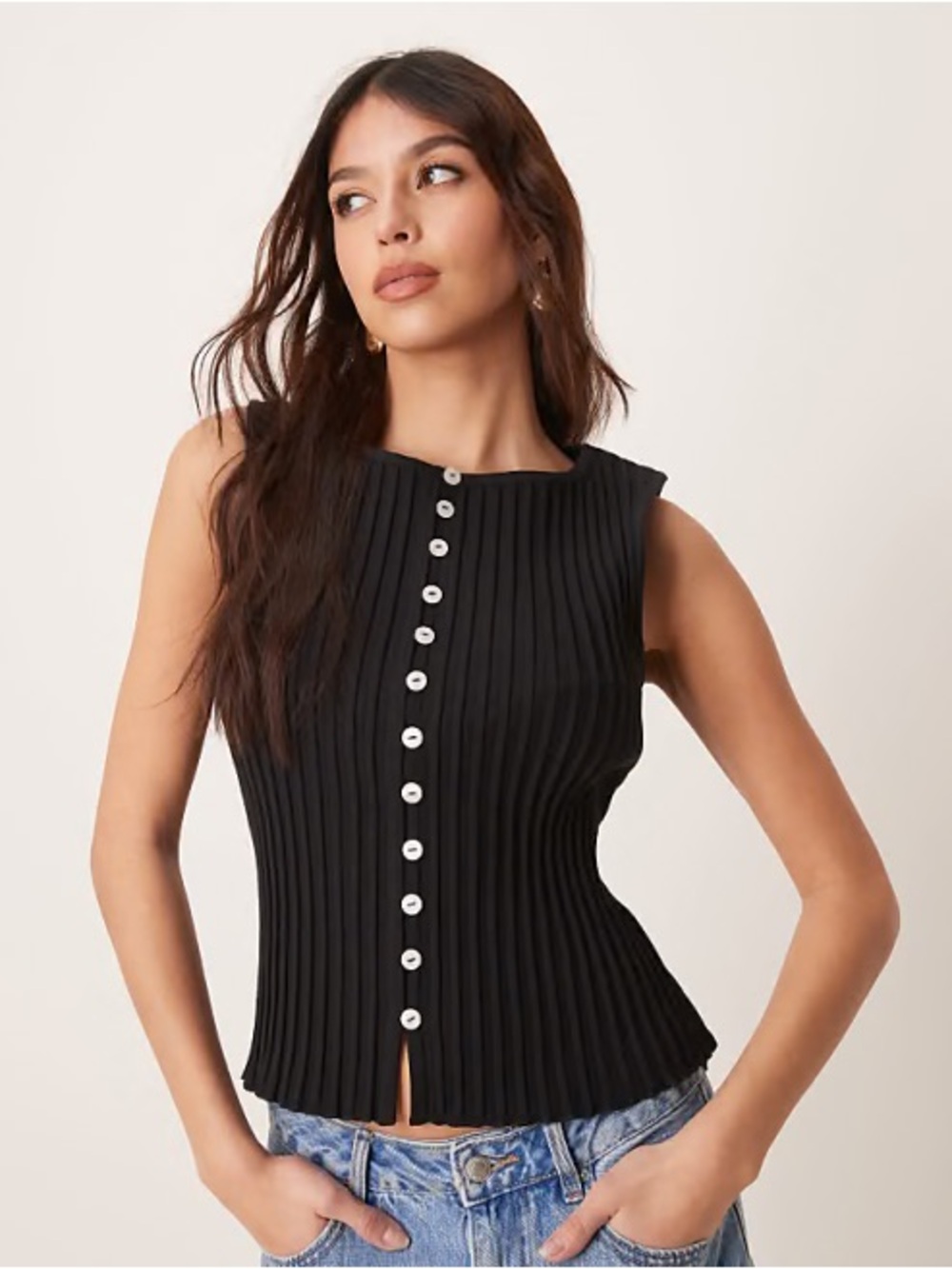 Free People Tilly Ribbed Button Up Vest Small Black